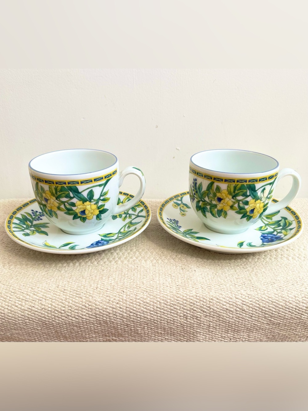Vtg Royal Worcester Rio Tea Cup Set yellow blue floral England 1993 porcelain